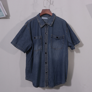 牛仔蓝短袖衬衫女夏季男朋友风设计感重工衬衣港风复古上衣
