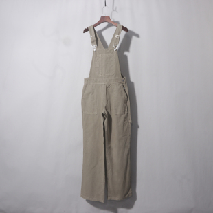 裤 浅军绿方口袋直筒背带水洗纯棉潮流复古情侣阔腿宽松背带裤 工装