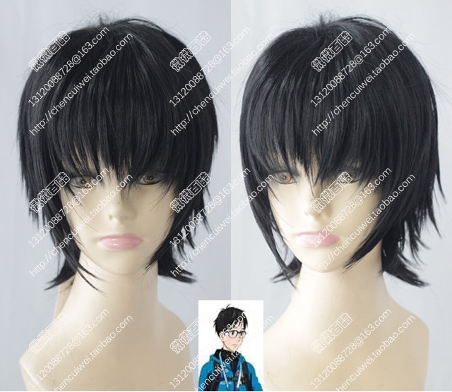 cosplay假发 YURI! on ICE 胜生勇利 黑色翻翘收脸短发 呆毛造型