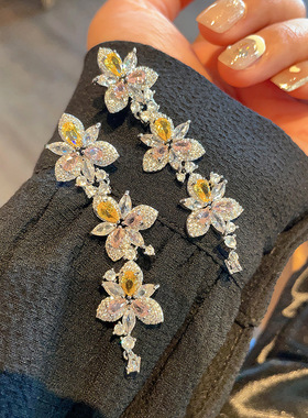 S925银针清新绿色流苏花朵耳环微镶粉色锆石小众设计高级感饰品