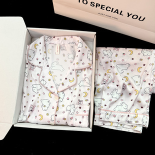 睡衣女春秋季冰丝长袖可爱卡通兔子真丝绸缎面2026新款夏天家居服