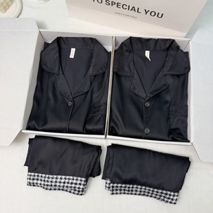 情侣睡衣女春秋冰丝长袖薄款男士黑色千鸟格真丝绸缎面夏季家居服