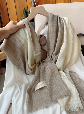 春秋季优雅风拼色棉麻围巾女披肩