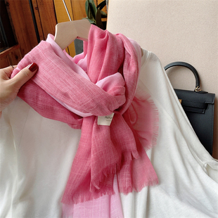 披肩 长款 秋冬天薄款 拼色棉麻围巾女百搭文艺气质丝巾纱巾两用春季