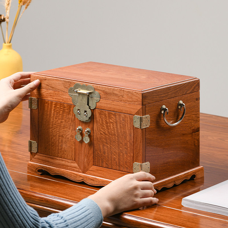 缅甸黄花梨官皮箱全独板 大号首饰盒红木收纳盒 复古实木质百宝箱