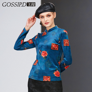 金丝绒打底衫2025秋冬中国风印花旗袍中式修身显瘦加厚上衣T恤女