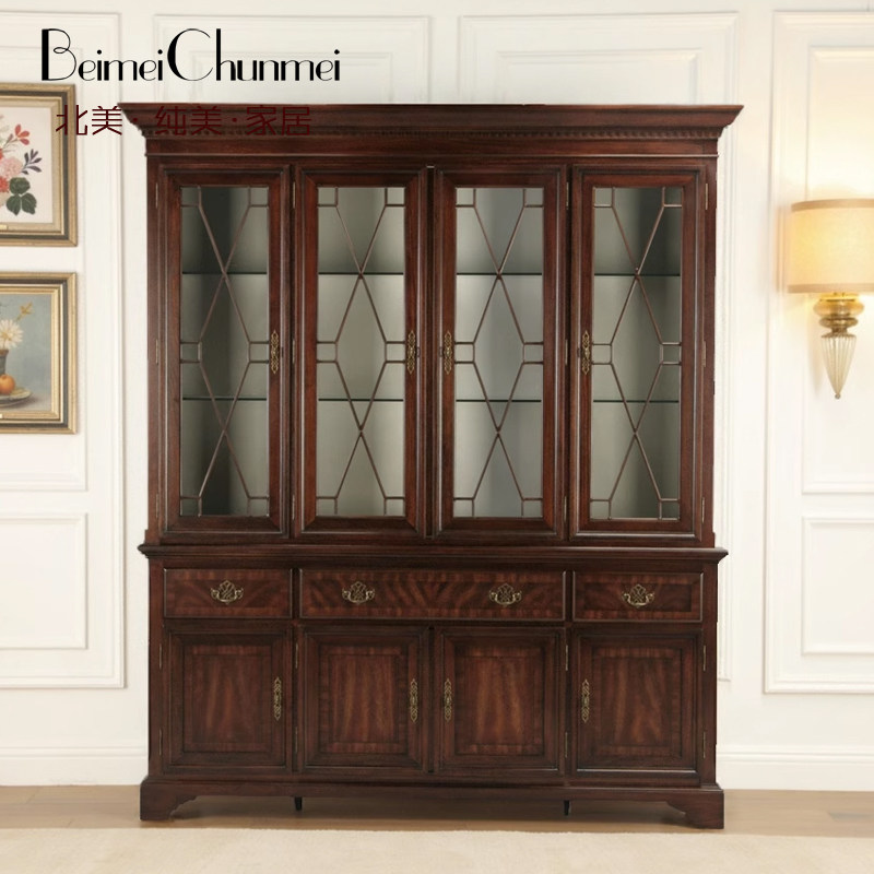 传统美式乡村复古做旧实木四门书柜定制酒柜文件柜别墅书房书橱