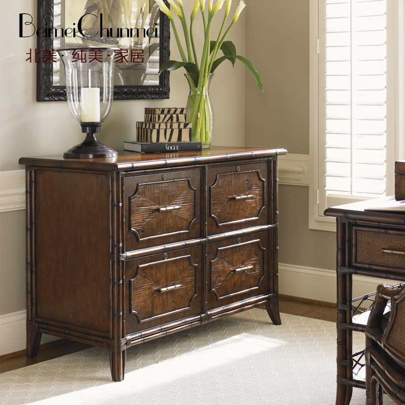 进口东南亚热带海岛别墅风格四门斗柜实木藤编隔断实木雕刻装饰柜