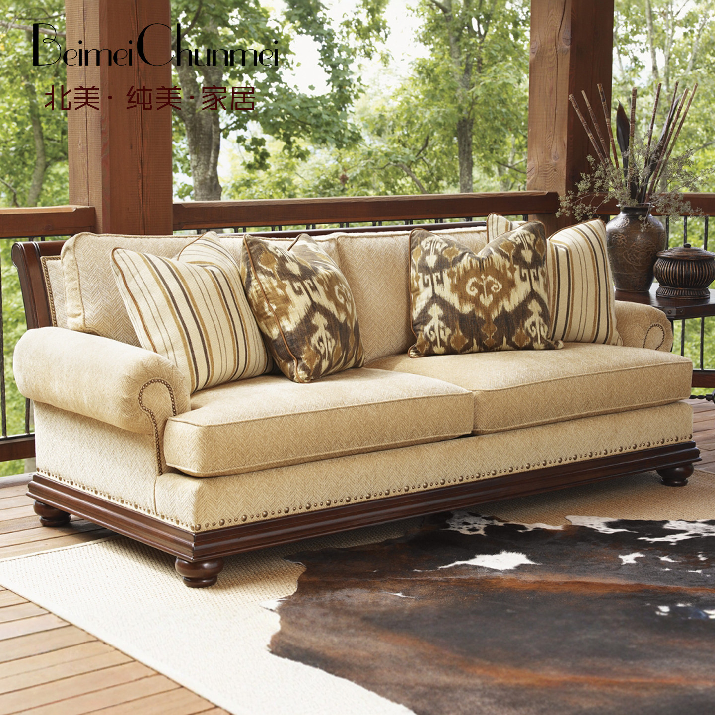 北美纯美美式美式乡村仿古沙发全实木三人位布艺沙发客厅沙发组合