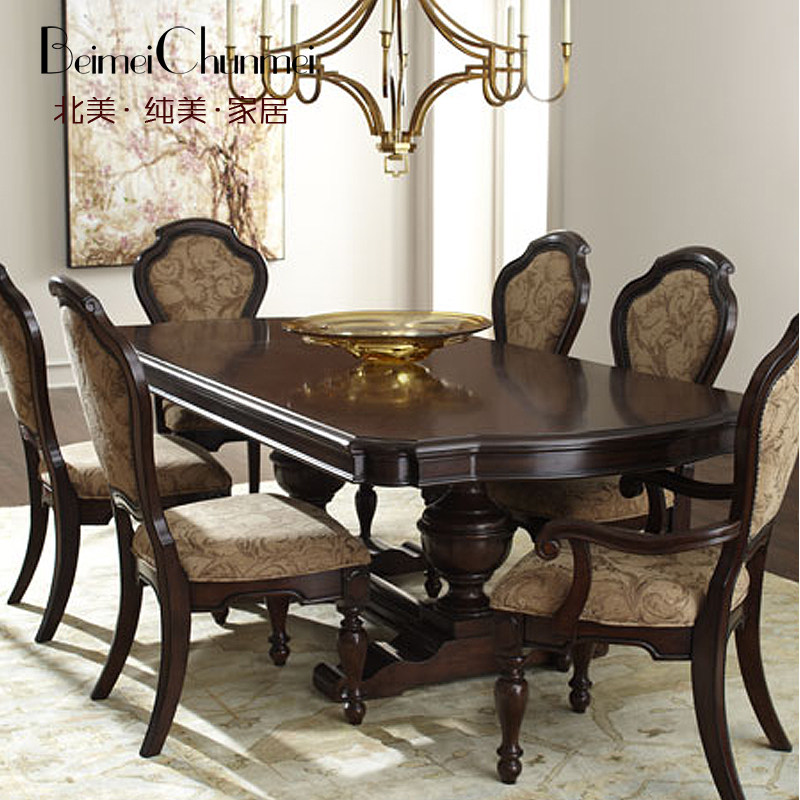 美式乡村仿古实木雕花餐桌椅组合 6人位 8人位长餐桌美式饭台定制