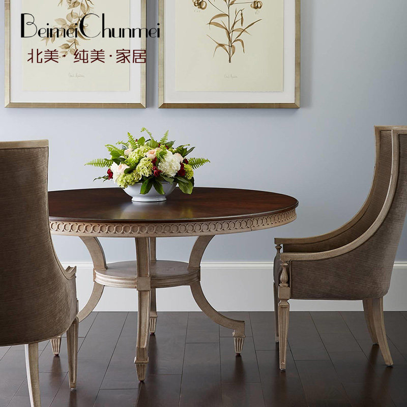 美式乡村实木圆餐桌组合 仿古6人位8人位圆饭桌 餐厅吃饭圆桌定制