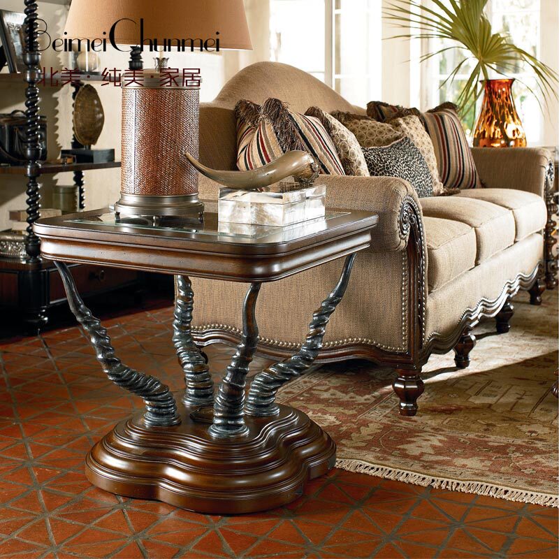 北美纯美家居 美式小咖啡桌钢化玻璃面沙发边几 方形洽谈桌定制