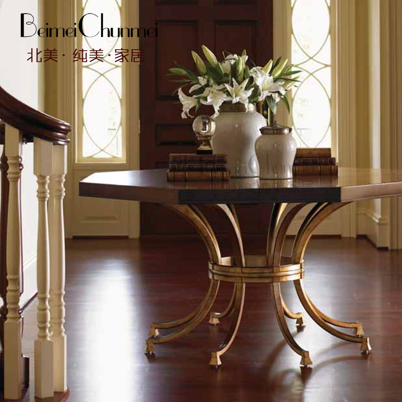 美式仿古精品家具八角餐桌乡村仿古风格饭桌铁艺脚架实木餐桌定制