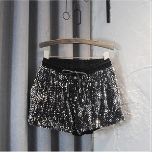 高级感银灰色亮片短裤女2024年春秋款设计感小众休闲阔腿裤子靴裤