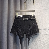 2025夏季 女性感亮闪闪热裤 新款 高腰显瘦重工钉珠亮片流苏牛仔短裤