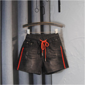 女装 2022夏季 新款 松紧高腰牛仔短裤 竖条深色直筒弹力显瘦a字热裤