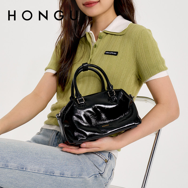 红谷包包新款漆皮通勤单肩手提包百搭牛皮波士顿枕头包休闲女士包
