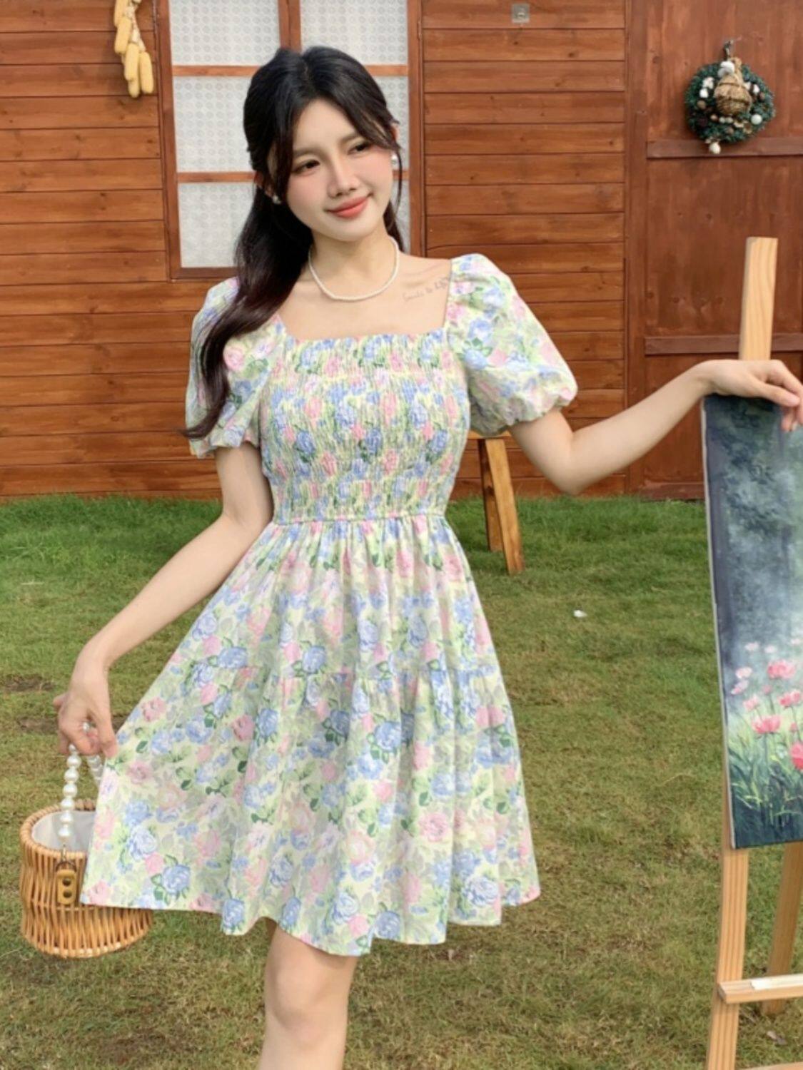 夏季新款大码装韩版法式胖妹妹收腰显瘦中长款修身碎花连衣裙