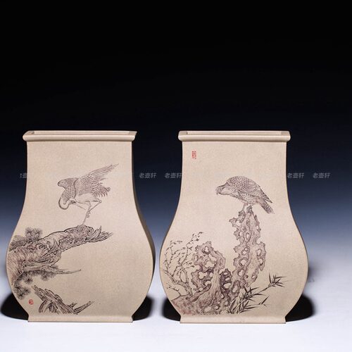 老壶轩 宜兴紫砂 毛国强徒弟刘华刻〖扁方对瓶〗花瓶 刻鸟金石图
