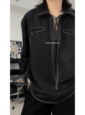 PURPOSEFUL诠度 秋新款仿牛仔V领黑色衬衫