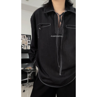 PURPOSEFUL诠度 秋新款仿牛仔V领黑色衬衫