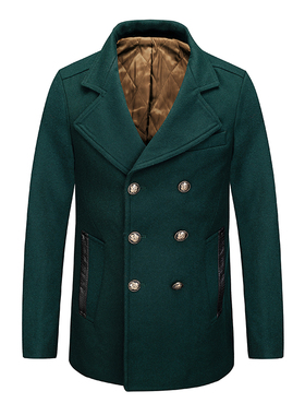 鸟家毛呢大衣男墨绿时尚休闲双排扣翻领修身呢外套冬季青年93762