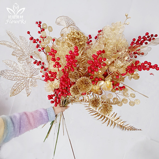 新年福桶花束叶发财果干花摆件银杏叶尤加利叶花艺资材装饰冬青