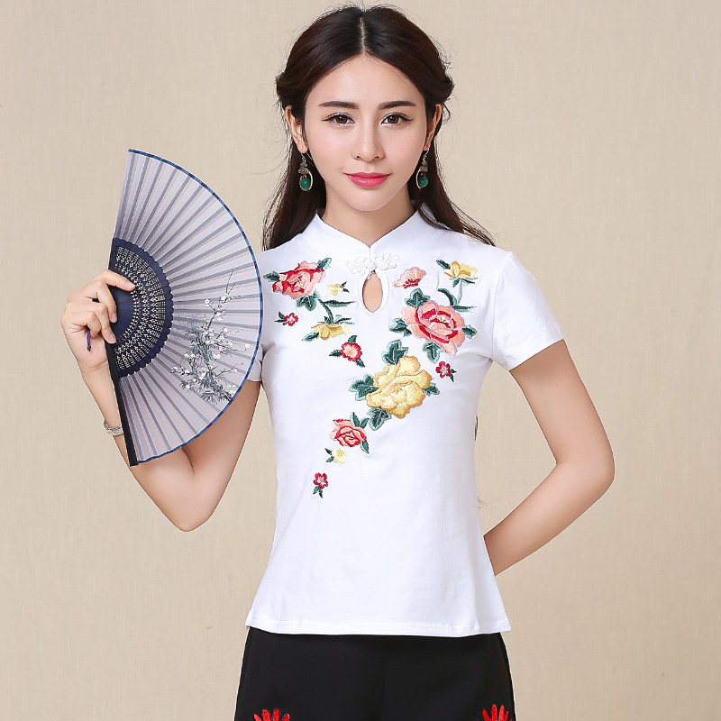 中国风夏装短袖修身显瘦上衣大码绣花打底衫民族风女装立领棉T恤