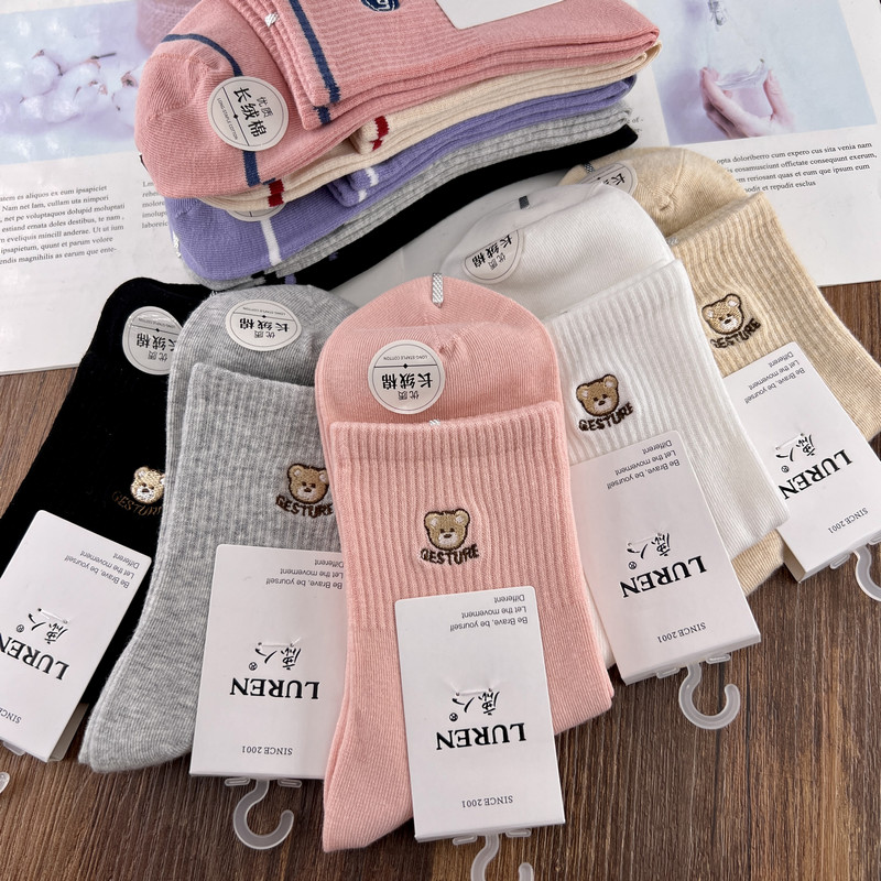 鹿人运动女棉无骨袜子四季韩刺绣