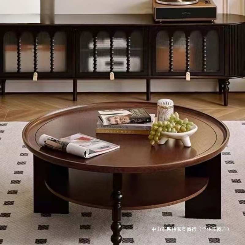 新款法式复古茶几实木圆形美式茶桌家用小桌子小户型客厅
