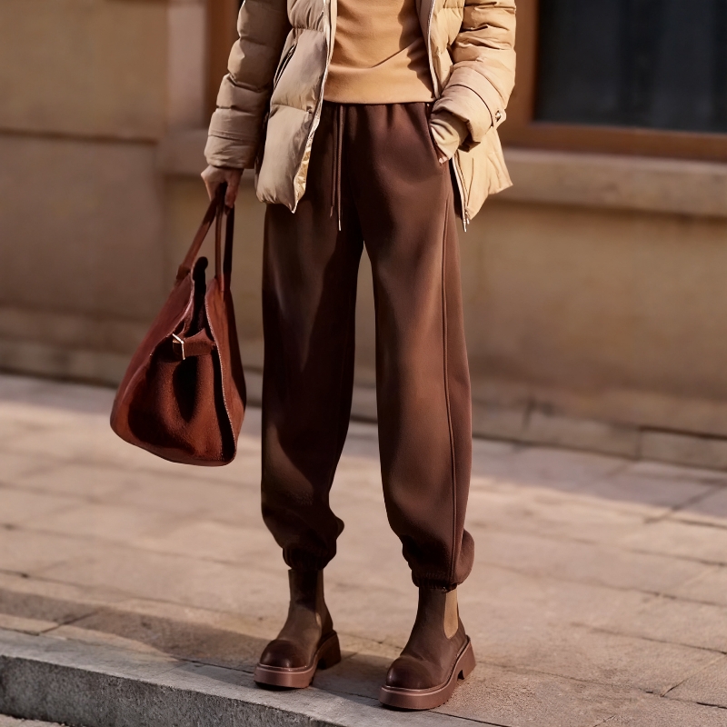 松紧腰宽松咖啡色高腰长加绒卫裤