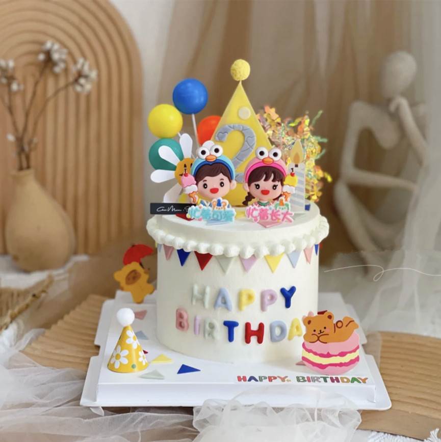双胞胎蛋糕装饰软胶冰淇淋男孩女孩生日摆件忙着可爱长大姐弟插件