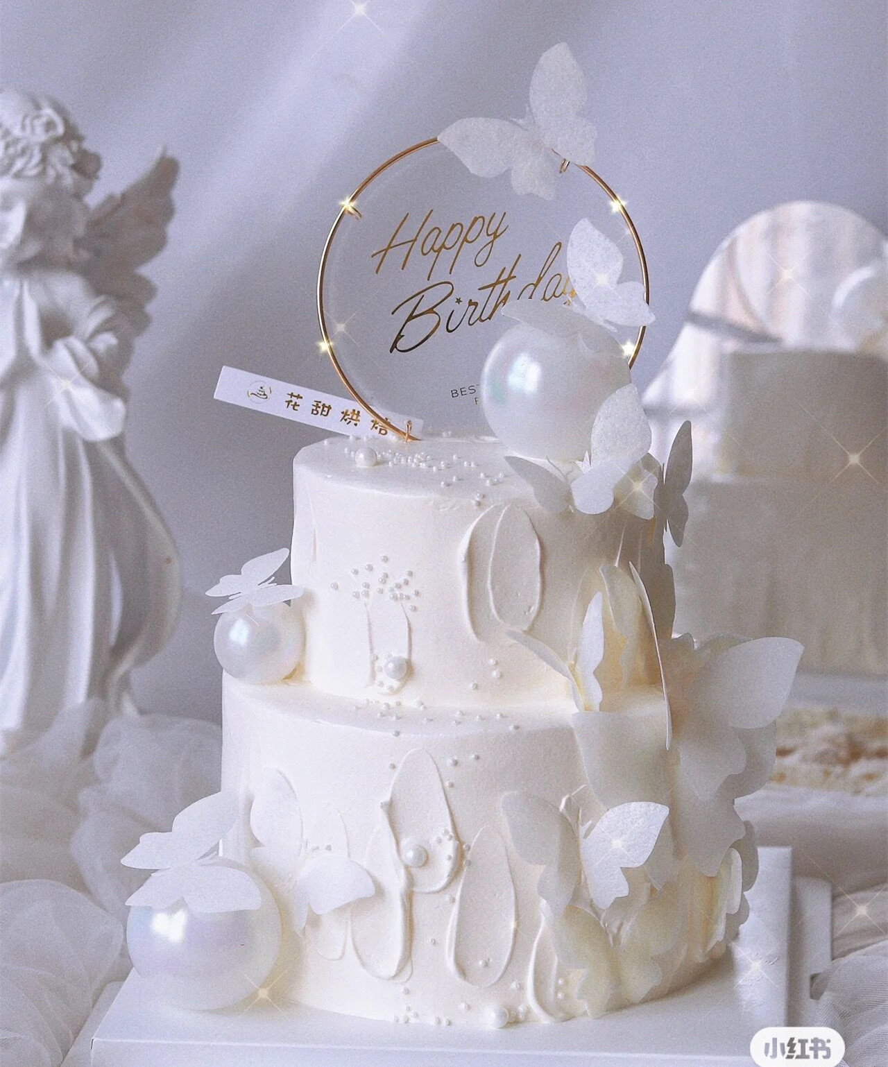 亚克力铁艺圆形透明插件白色蝴蝶梦幻小仙女女神生日蛋糕装饰插牌
