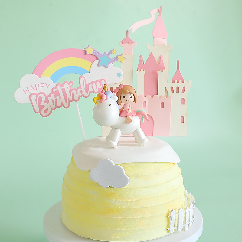 烘焙独角兽女孩生日插卡蛋糕装饰