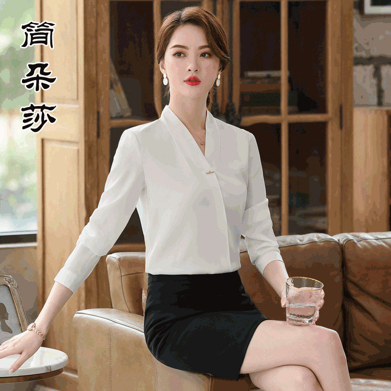 白色雪纺衬衫女夏季工作服长袖V领宽松职业上衣无领衬衣长袖套装