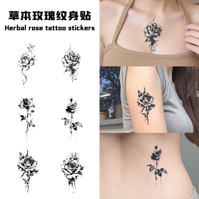 玫瑰花草本纹身贴防水女持久高级
