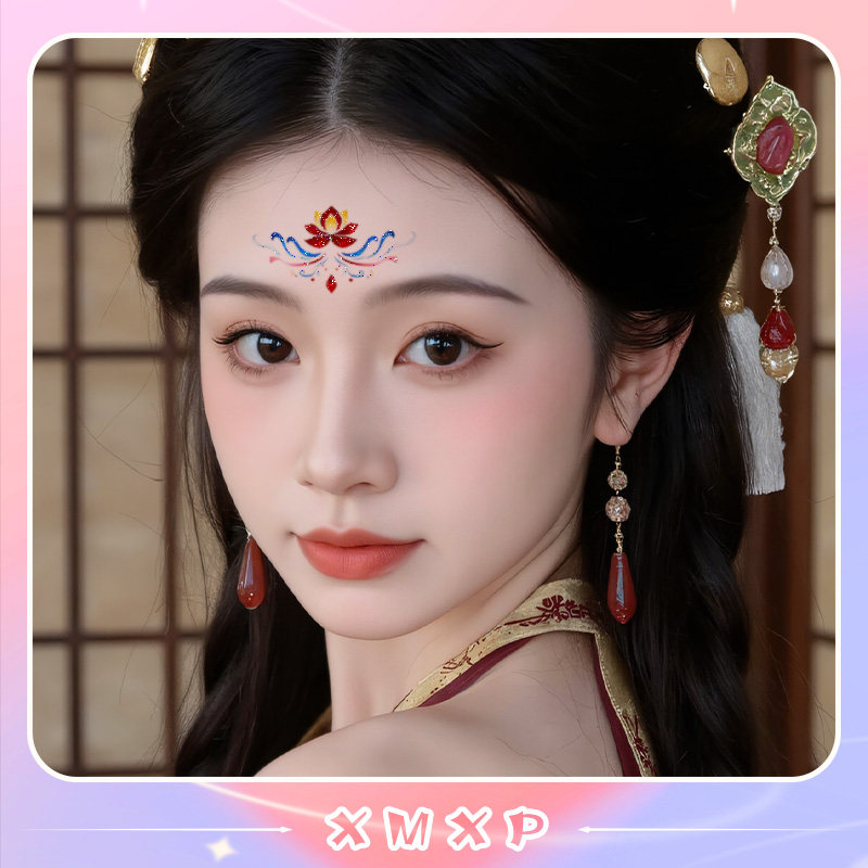 古风花钿闪粉纹身贴高级感少女汉服古装额头印花眉心脸贴2025新款