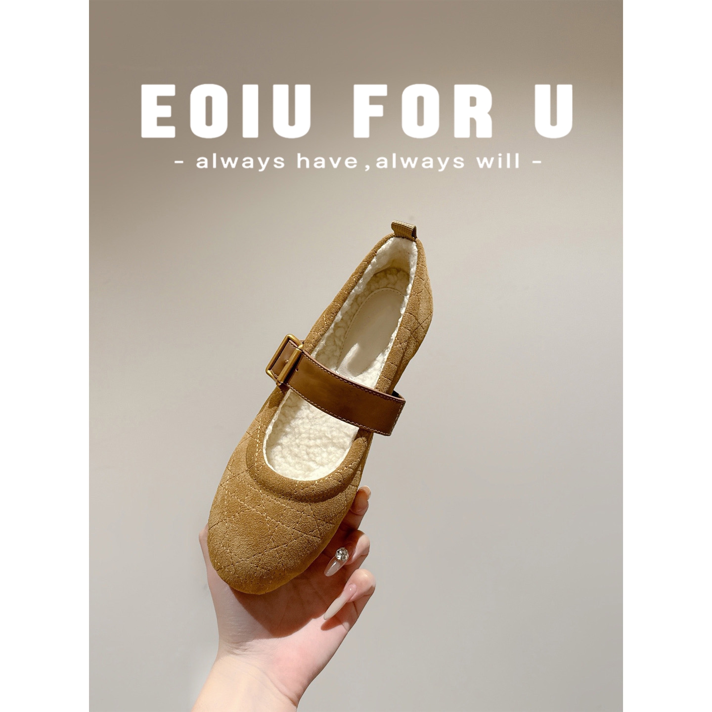 EOIU平底菱形格皮带扣玛丽珍单鞋