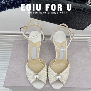 eoiu 9.12 蕾丝珍珠公主气质细高跟鞋露趾后空搭扣一字鱼嘴凉鞋女
