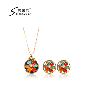 sumni/莎米尼欧美度假风情热情奔放系列彩色花朵滴釉项链耳钉套装