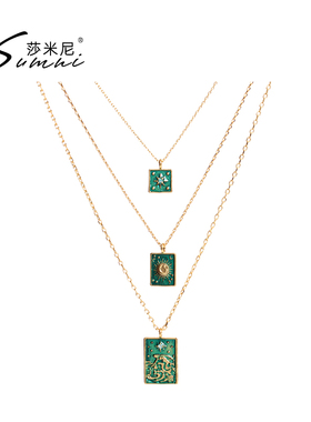 sumni/莎米尼\原创新款复古蓝绿色几何方形多层叠戴锁骨链项链女