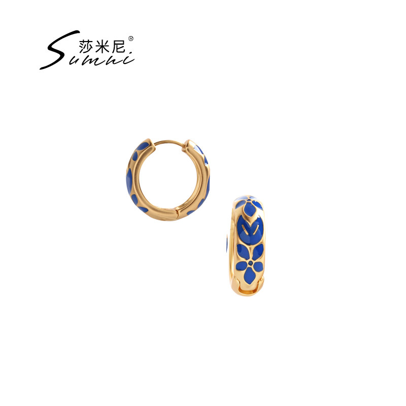 sumni/莎米尼春季新款复古彩色珐琅滴釉印花18K包磨砂金耳环女