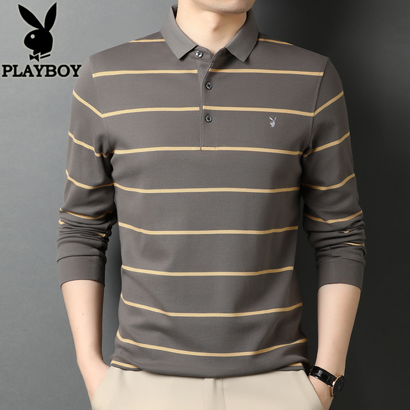 花花公子条纹长袖t恤男纯棉秋冬商务休闲翻领上衣男士男装polo衫