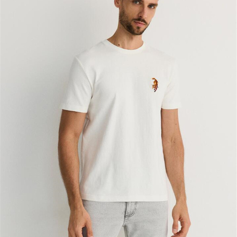简约白色刺绣男圆领短袖T恤夏