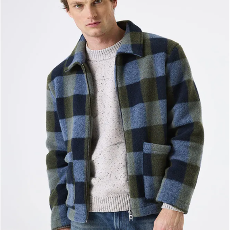 男士格纹羊毛混纺保暖翻领夹克