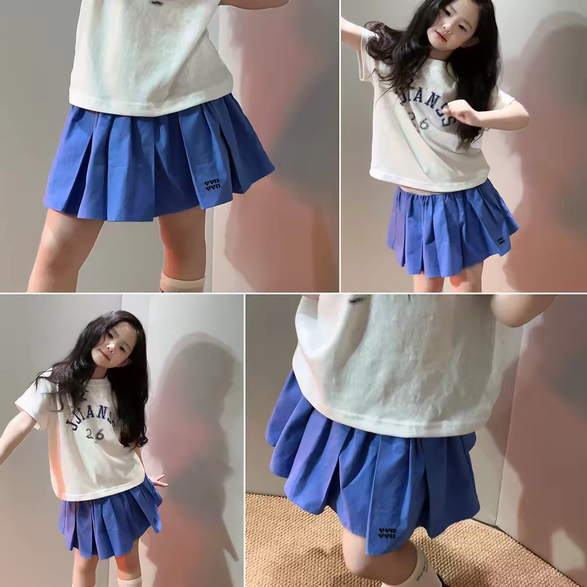 美妞 女童洋气夏季新款百褶蓝色半身裙小女孩裙子 里面有短裤