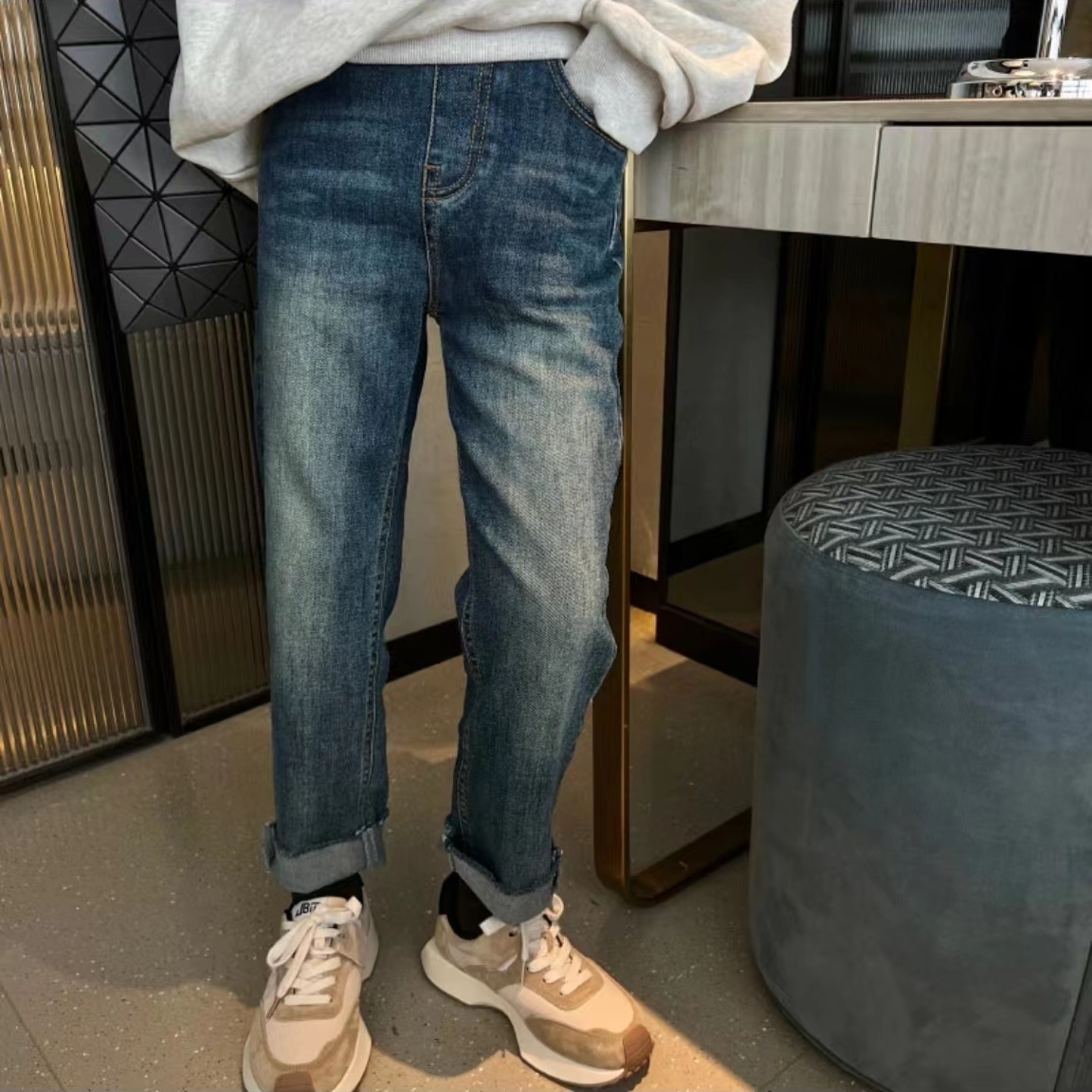 彡酱长裤牛仔直筒砂洗牛仔裤