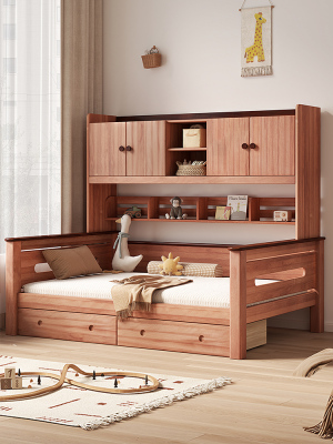 全实木衣柜床一体儿童床红檀木书架床多功能高箱储物床榻榻米组合