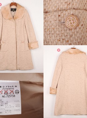 日本超人气品牌CLATHAS 娃娃毛领金属扣100%羊毛粗花呢大衣女重磅