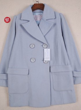 余单反季清仓日本贵牌 浅蓝色双排扣羊毛兔绒毛呢外套女小个子S码